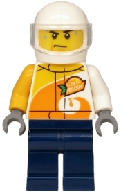 LEGO Helicopter Pilot - Jacket with 'ViTA RUSH' Logo, Dark Blue Legs, White Helmet minifigure