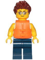 LEGO Tank Top with Surfer Silhouette, Dark Blue Legs, Reddish Brown Hair Spiked, Life Jacket 2 Straps, Silver Sunglasses minifigure