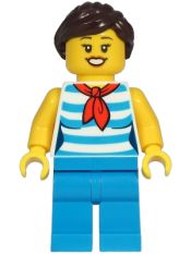 LEGO Diner Employee - Female, White and Dark Azure Striped Shirt, Dark Azure Legs, Dark Brown Hair minifigure