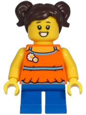 LEGO Girl - Orange Halter Top Dress, Blue Short Legs, Dark Brown Hair minifigure