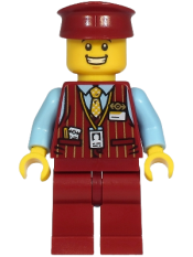 LEGO Tram Driver - Male, Dark Red Vest, Bright Light Blue Shirt, Dark Red Legs, Dark Red Hat minifigure