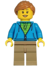 LEGO Woman - Dark Azure Hoodie, Dark Tan Legs, Medium Nougat Hair, Hearing Aid minifigure