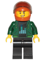 LEGO Detective - Dark Green Hoodie with Bright Green Drawstrings, Black Legs, Dark Orange Helmet minifigure