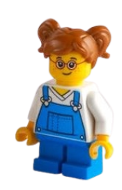 LEGO Girl - Blue Overalls over V-Neck Shirt, Dark Orange Hair Short, Parted with Two Pigtails, Red Glasses minifigure