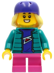 LEGO Skater - Girl, Dark Turquoise Jacket, Dark Pink Short Legs, Dark Purple Helmet, Bright Light Yellow Hair minifigure