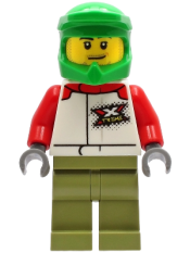 LEGO Wheelchair Athlete - Male, White Jacket with 'XTREME' Logo, Olive Green Legs, Bright Green Dirt Bike Helmet minifigure