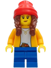 LEGO Girl - Bright Light Orange Jacket, Blue Medium Short Legs, Reddish Brown Hair with Braids, Red Beanie minifigure