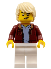LEGO Man, Dark Red Jacket with Bright Light Blue Shirt, White Legs, Tan Tousled Hair, Lopsided Grin (Car Driver) minifigure