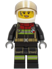 LEGO Fire - Female, Black Jacket and Legs with Reflective Stripes and Red Collar, White Helmet, Trans-Black Visor, Dark Bluish Gray Splotches minifigure