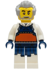 LEGO Kendo Instructor - White Robe with Dark Blue and Dark Orange Bogu Armor, Light Bluish Gray Hair minifigure