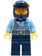 LEGO Police - City Officer Bright Light Blue Shirt with Silver Stripe, Badge and Radio, Dark Blue Legs, Dark Blue Dirt Bike Helmet, Orange Glasses minifigure