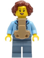 LEGO Woman - Bright Light Blue Hoodie over Dark Purple Star Shirt, Sand Blue Legs, Reddish Brown Hair, Baby Carrier minifigure