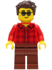 LEGO Man - Red Flannel Shirt, Reddish Brown Legs, Dark Brown Hair, Sunglasses minifigure