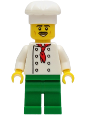 LEGO Chef - White Torso with 8 Buttons, No Wrinkles Front or Back, Green Legs, White Chef Toque minifigure