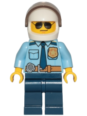 LEGO Police - City Officer Shirt with Dark Blue Tie and Gold Badge, Dark Tan Belt with Radio, Dark Blue Legs, White Helmet, Sunglasses minifigure