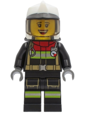 LEGO Fire - Female, Black Jacket and Legs with Reflective Stripes and Red Collar, White Fire Helmet, Trans-Black Visor (Sarah Feldman) minifigure