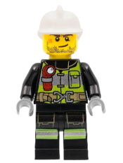 LEGO Fire - Reflective Stripes with Utility Belt and Flashlight, White Fire Helmet, Beard Stubble, Brown Eyebrows minifigure