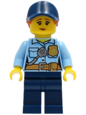 LEGO Police - City Officer Female, Bright Light Blue Shirt with Badge and Radio, Dark Blue Legs, Dark Blue Cap with Dark Orange Ponytail, Pensive Smile minifigure