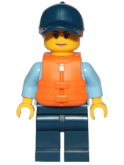 LEGO Police - City Officer Female, Bright Light Blue Shirt with Badge and Radio, Dark Blue Legs, Dark Blue Cap with Dark Orange Ponytail, Life Jacket minifigure