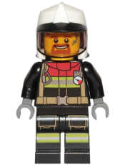 LEGO Fire - Male, Black Jacket and Legs with Reflective Stripes and Red Collar, White Fire Helmet, Trans-Black Visor, Dark Orange Goatee minifigure