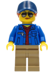 LEGO Ground Crew - Female, Blue Jacket over Dark Red V-Neck Sweater, Dark Tan Legs, Dark Blue Cap with Dark Orange Ponytail minifigure