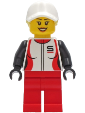 LEGO Woman - Red and White Race Jacket, Red Legs, White Cap with Bright Light Yellow Hair minifigure