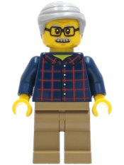 LEGO Man - Dark Blue Plaid Button Shirt, Dark Tan Legs, Light Bluish Gray Hair minifigure