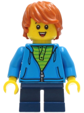 LEGO Boy - Dark Azure Hoodie with Green Striped Shirt, Dark Blue Short Legs, Dark Orange Hair, Freckles, Small Open Smile with Tongue minifigure