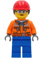 LEGO Construction Worker - Female, Orange Safety Jacket, Reflective Stripe, Sand Blue Hoodie, Blue Legs, Red Construction Helmet with Dark Brown Hair, Safety Glasses minifigure