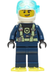 LEGO Police - City Officer Dark Blue Diving Suit with Yellowish Green Harness, White Helmet, White Air Tanks, Bright Light Yellow Flippers minifigure