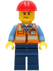 LEGO Construction Worker - Orange Safety Vest with Reflective Stripes, Dark Blue Legs, Red Construction Helmet minifigure