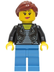 LEGO Car Driver - Female, Black Leather Jacket, Medium Blue Legs, Reddish Brown Hair minifigure