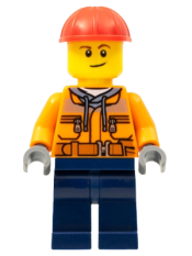 LEGO Construction Worker - Male, Orange Safety Jacket, Reflective Stripe, Sand Blue Hoodie, Dark Blue Legs, Red Construction Helmet, Lopsided Smile minifigure