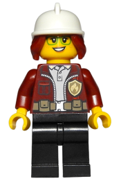 LEGO Fire Chief, Female - Freya McCloud, Dark Red Jacket, Black Legs, White Fire Helmet, Open Smile / Closed Mouth Pattern minifigure