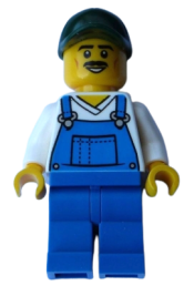 LEGO Overalls Blue over V-Neck Shirt, Blue Legs, Dark Green Cap, Moustache minifigure