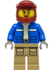 LEGO Wildlife Rescue Explorer - Male, Blue Jacket, Dark Red Helmet, Dark Tan Legs with Pockets, Beard minifigure