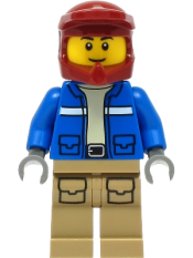 LEGO Wildlife Rescue Explorer - Male, Blue Jacket, Dark Red Helmet, Dark Tan Legs with Pockets, Thin Grin minifigure