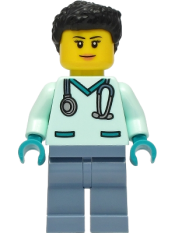 LEGO Wildlife Rescue Veterinarian - Female, Light Aqua Scrubs, Sand Blue Legs, Black Hair minifigure