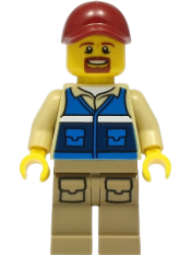 LEGO Wildlife Rescue Worker - Male, Dark Red Cap, Blue Vest with 'RESCUE' Pattern on Back, Dark Tan Legs with Pockets, Beard minifigure