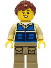 LEGO Wildlife Rescue Worker - Female, Blue Vest with 'RESCUE' Pattern on Back, Dark Tan Legs with Pockets, Reddish Brown Hair minifigure
