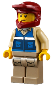 LEGO Wildlife Rescue Explorer - Male, Blue Vest with 'RESCUE' Pattern on Back, Dark Red Helmet, Dark Tan Legs with Pockets, Beard minifigure