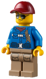 LEGO Wildlife Rescue Ranger - Male, Blue Shirt with 'RESCUE' Pattern on Back, Dark Red Cap, Dark Tan Legs with Pockets minifigure