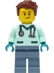 LEGO Wildlife Rescue Veterinarian - Male, Light Aqua Scrubs, Sand Blue Legs, Reddish Brown Hair minifigure