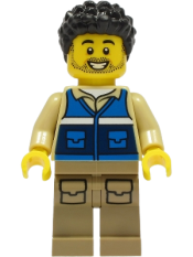 LEGO Wildlife Rescue Worker - Male, Blue Vest with 'RESCUE' Pattern on Back, Dark Tan Legs with Pockets, Black Hair minifigure
