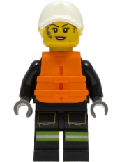 LEGO Fire - Female, Black Jacket and Legs with Reflective Stripes and Red Collar, White Cap with Bright Light Yellow Hair, Orange Life Jacket, Dark Bluish Gray Splotches minifigure