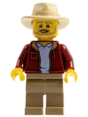 LEGO Man, Dark Red Jacket with Bright Light Blue Shirt, Dark Tan Legs, Tan Fedora Hat, Beard (Larry Jones, Adventurer) minifigure