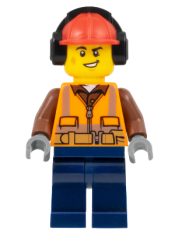 LEGO Construction Worker - Male, Orange Safety Vest, Reflective Stripes, Reddish Brown Shirt, Dark Blue Legs, Red Construction Helmet with Black Headphones, Lopsided Smile minifigure