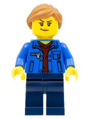 LEGO Female, Blue Jacket over Dark Red V-Neck Sweater, Dark Blue Legs, Medium Nougat Ponytail minifigure