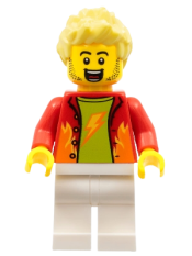 LEGO Stuntz Announcer, Spiky Bright Light Yellow Hair, White Legs, Red Jacket over Lime Shirt minifigure