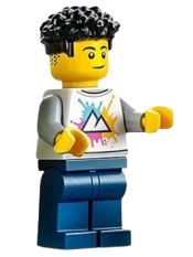 LEGO Male, White Shirt with Mountains, Dark Blue Legs, Black Coiled Hair minifigure